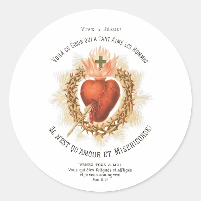 Pegatina Redonda Sacred Heart of Jesus French Holy Card Sticker (Anverso)
