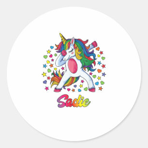 Pegatina Redonda Sadie Dabbing Unicornio Arcoíris Nombre Personaliz