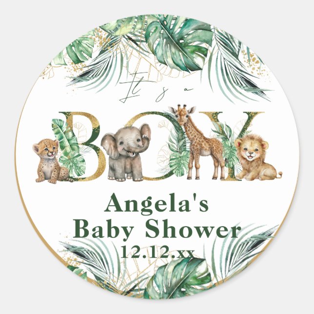 Pegatina Redonda Safari Animal Jungle Green & Gold boy Baby Shower (Anverso)