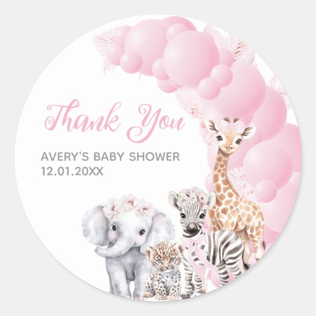 Pegatina Redonda Safari Animal Rubor Pink Boho Baby Shower (Anverso)