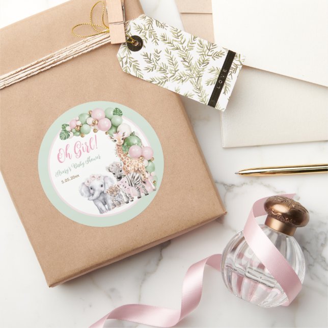Pegatina Redonda Safari Animal Tropical Green Pink Baby Shower (Regalar)