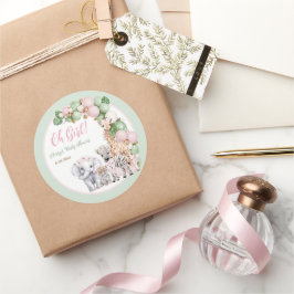 Pegatina Redonda Safari Animal Tropical Green Pink Baby Shower