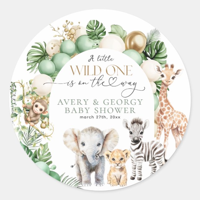 Pegatina Redonda Safari Animal Tropical Green Wild One Baby Shower (Anverso)