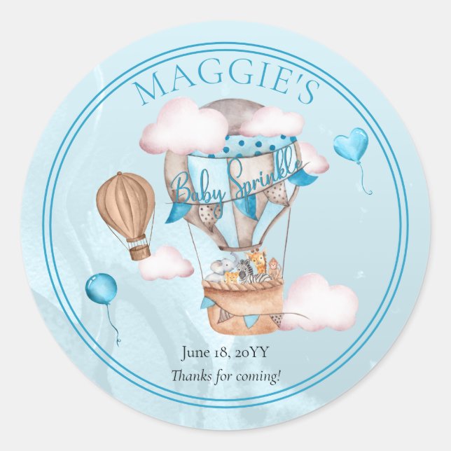 Pegatina Redonda Safari Animales Globos Niño Azul Espolvorear (Anverso)