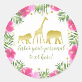 Pegatina Redonda Safari Animals Pink & Gold Baby Shower