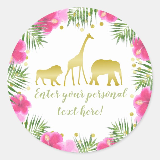 Pegatina Redonda Safari Animals Pink & Gold Baby Shower (Anverso)