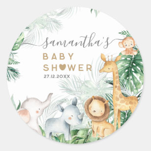 Pegatina Redonda Safari Baby Animals Greenery Baby Shower