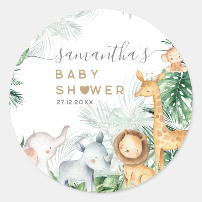 Pegatina Redonda Safari Baby Animals Greenery Baby Shower (Anverso)