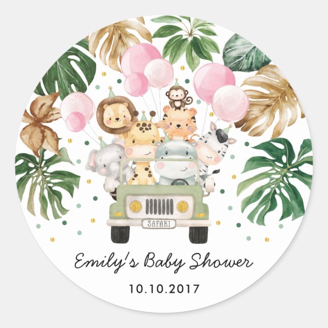 Pegatina Redonda Safari Jungle Animales Verdor Globos rosados Bebé (Anverso)
