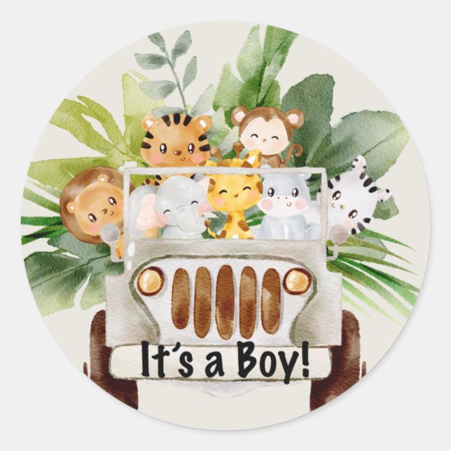 Pegatina Redonda Safari Jungle Animals Baby Shower es un niño (Anverso)
