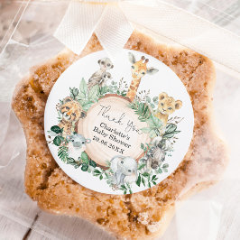 Pegatina Redonda Safari Jungle Wild Animals Greenery Baby Shower