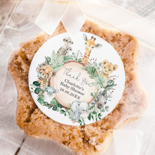 Pegatina Redonda Safari Jungle Wild Animals Greenery Baby Shower