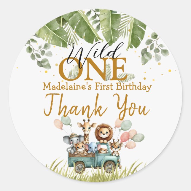 Pegatina Redonda Safari Wild One First Birthday (Anverso)