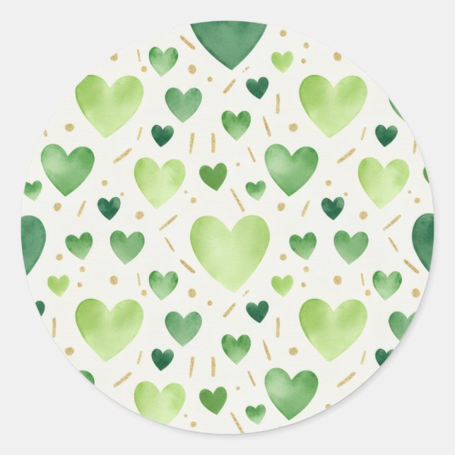 Pegatina Redonda Sage & Emerald Watercolor Hearts with Gold Accents (Anverso)