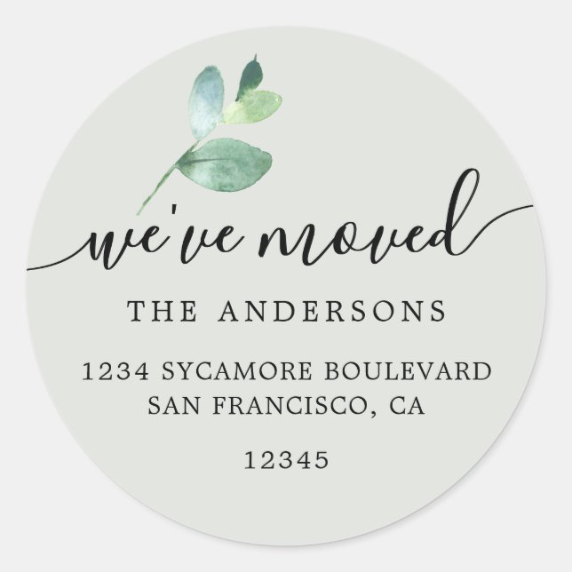 Pegatina Redonda Sage Eucalyptus We’ve Moved Round Address Label (Anverso)