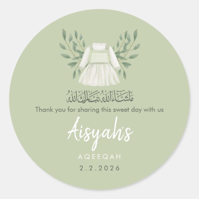 Pegatina Redonda Sage Green Aqiqah Favor Sticker - Thank You Label (Anverso)