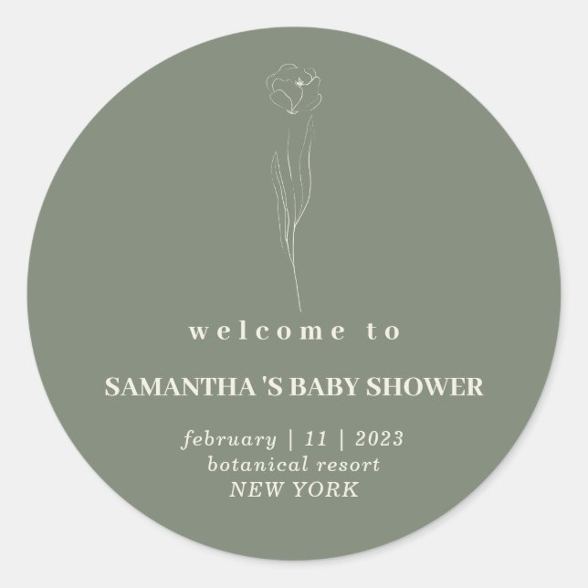 Pegatina Redonda Sage Green Beige Flower Welcome baby shower (Anverso)