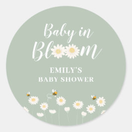 Pegatina Redonda Sage Green Boho Daisy Floral Baby En Bloom Shower