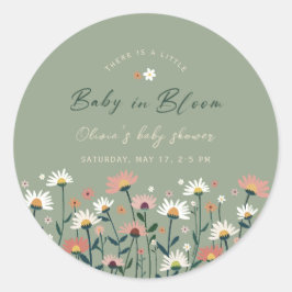 Pegatina Redonda Sage Green Boho Flor Baby en Bloom Shower