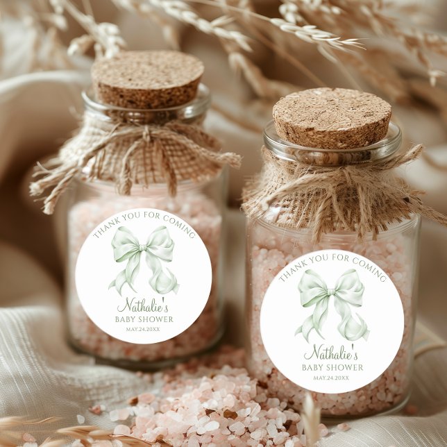 Pegatina Redonda Sage Green Bow Baby Shower Gracias por venir (Subido por el creador)