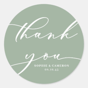 Pegatina Redonda Sage Green Calligraphy Boda Gracias