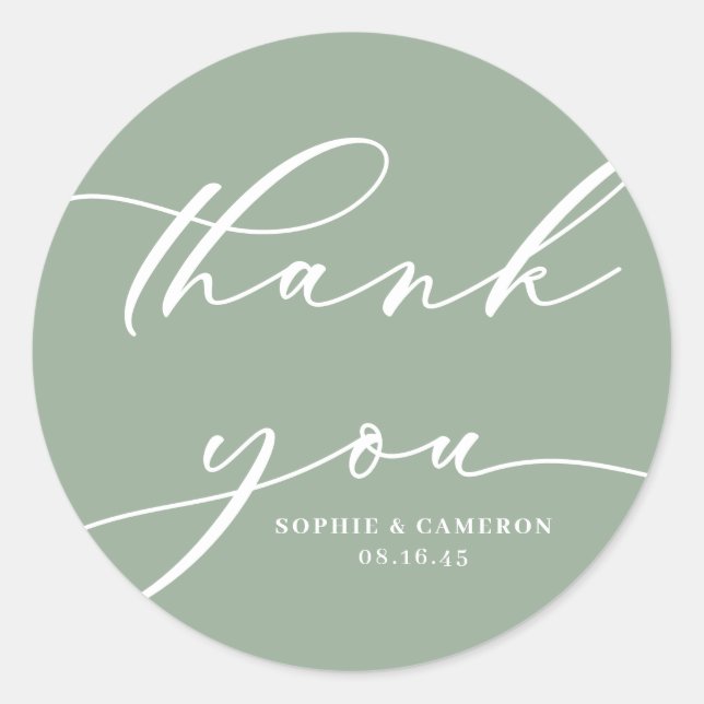 Pegatina Redonda Sage Green Calligraphy Boda Gracias (Anverso)