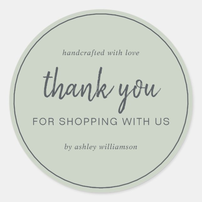 Pegatina Redonda Sage Green Chic Script Gracias Por Comprar (Anverso)