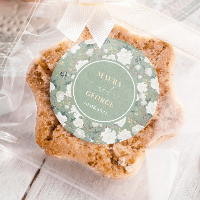 Pegatina Redonda Sage Green Chinoiserie Boda de Aves Florales (Subido por el creador)