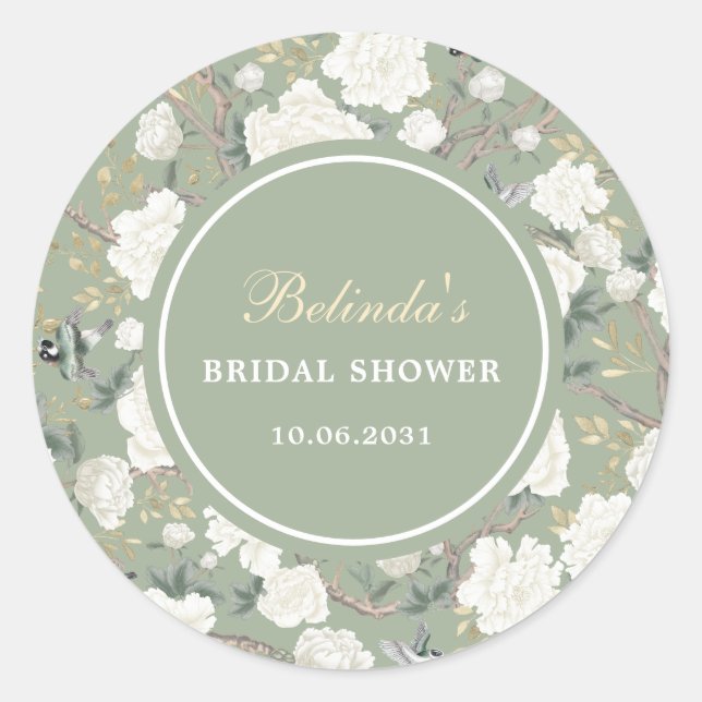 Pegatina Redonda Sage Green Chinoiserie Floral Bridal Shower (Anverso)