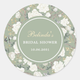 Pegatina Redonda Sage Green Chinoiserie Floral Bridal Shower