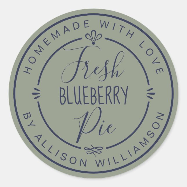 Pegatina Redonda Sage Green Classic Homemade Blueberry Pie Label (Anverso)
