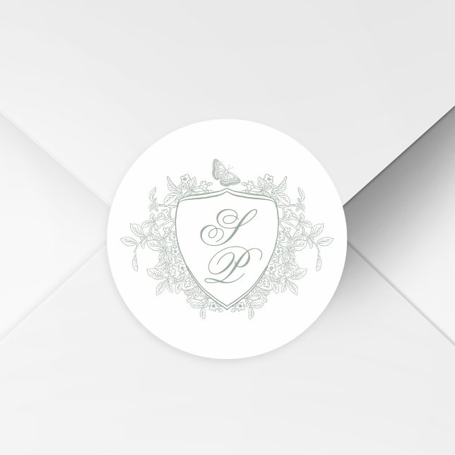 Pegatina Redonda Sage green crest monogram wedding (Subido por el creador)