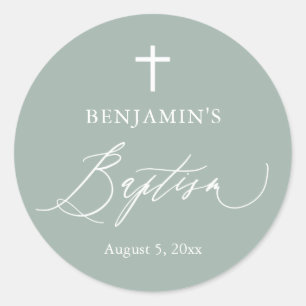 Pegatina Redonda Sage Green Cross White Cross Boy Baptism Round Peg