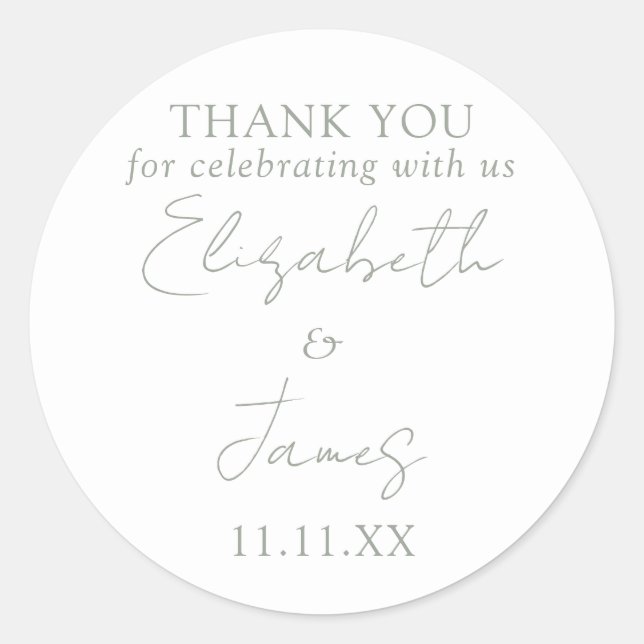 Pegatina Redonda Sage Green Elegant Script Boda Gracias (Anverso)