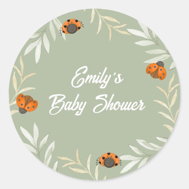 Pegatina Redonda Sage Green Fall Ladybug GreenerenerenBaby Shower (Anverso)