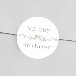 Pegatina Redonda Sage Green Floral Border Elegant Wedding