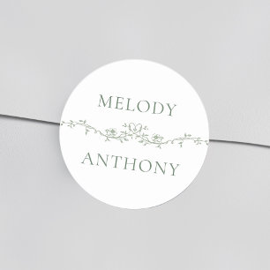 Pegatina Redonda Sage Green Floral Border Elegant Wedding