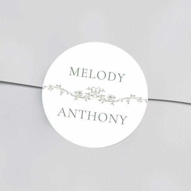 Pegatina Redonda Sage Green Floral Border Elegant Wedding (Subido por el creador)