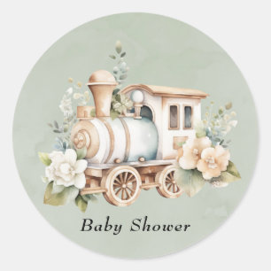 Pegatina Redonda Sage Green Floral Train Boy Baby Shower