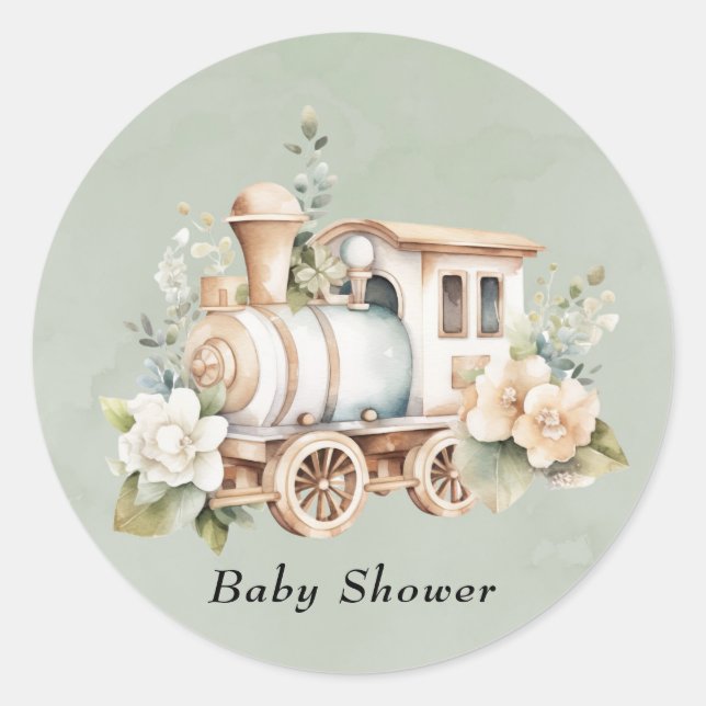 Pegatina Redonda Sage Green Floral Train Boy Baby Shower (Anverso)