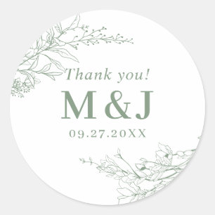 Pegatina Redonda Sage Green Floral Wreath Monograma Gracias