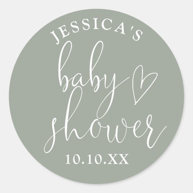 Pegatina Redonda Sage Green Gender Neutral Baby Shower Favor (Anverso)