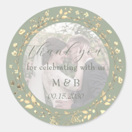 Pegatina Redonda Sage Green Gold Floral Photo Wedding Thank You