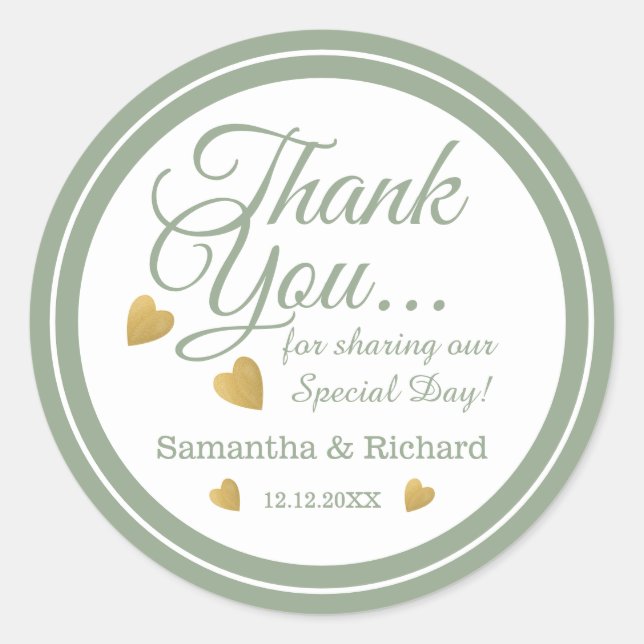 Pegatina Redonda Sage Green Gold Heart Boda Gracias (Anverso)
