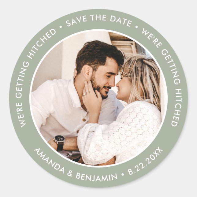 Pegatina Redonda Sage Green Modern Boda Photo Save the Date (Anverso)