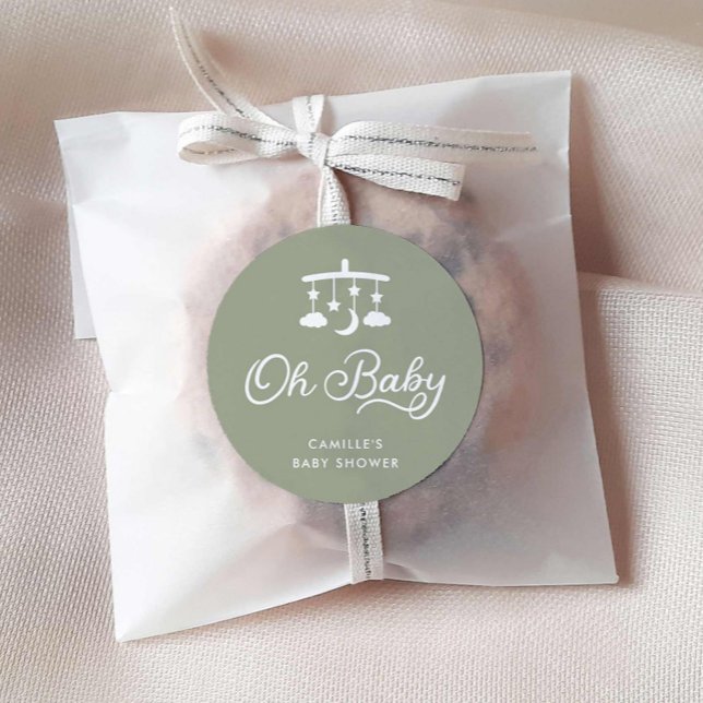 Pegatina Redonda Sage Green Modern Oh Baby Shower (Oh Baby Sage Green Favor Round Sticker)