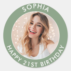Pegatina Redonda Sage Green Modern Simple Happy 21st Birthday Photo