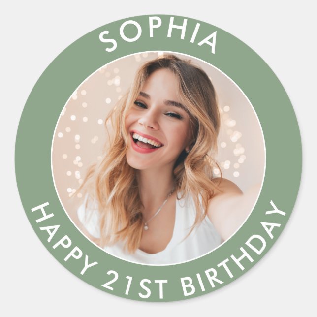 Pegatina Redonda Sage Green Modern Simple Happy 21st Birthday Photo (Anverso)