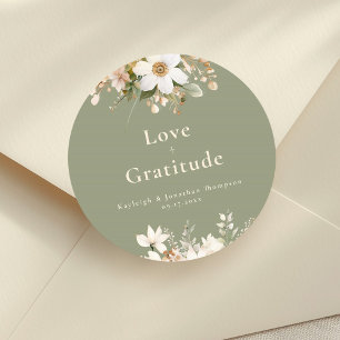 Pegatina Redonda Sage Green Modern Watercolor Floral Boda