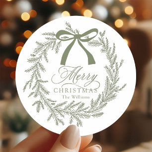 Pegatina Redonda Sage Green Navidades Wreath Holiday